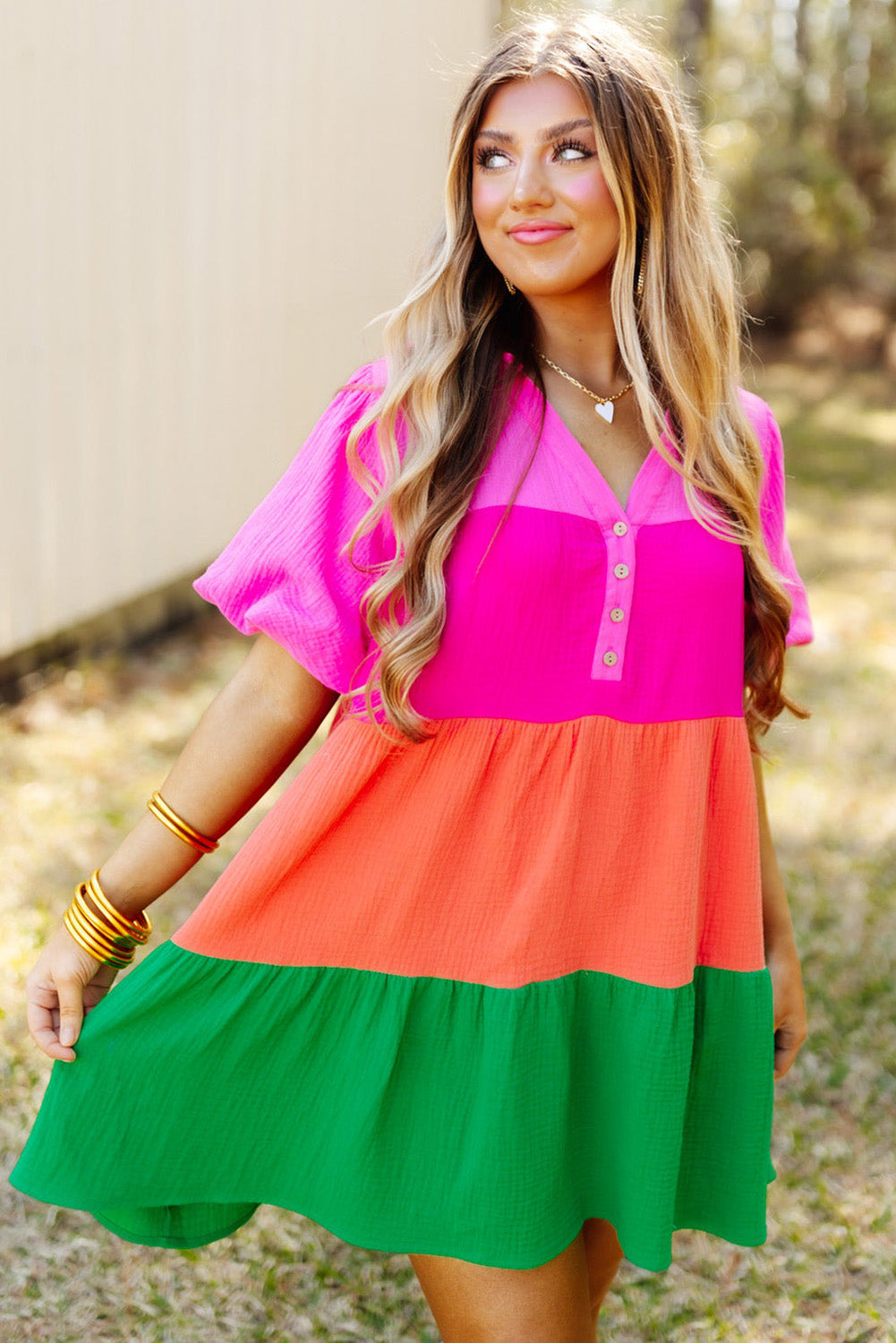 Stacey B's Multicolor Color Block Tiered Puff Sleeve Dress