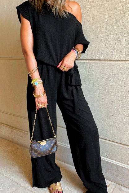 Stacey B's Black Checkered Mesh One Shoulder Short Sleeve Knotted Waist Jumpsuit