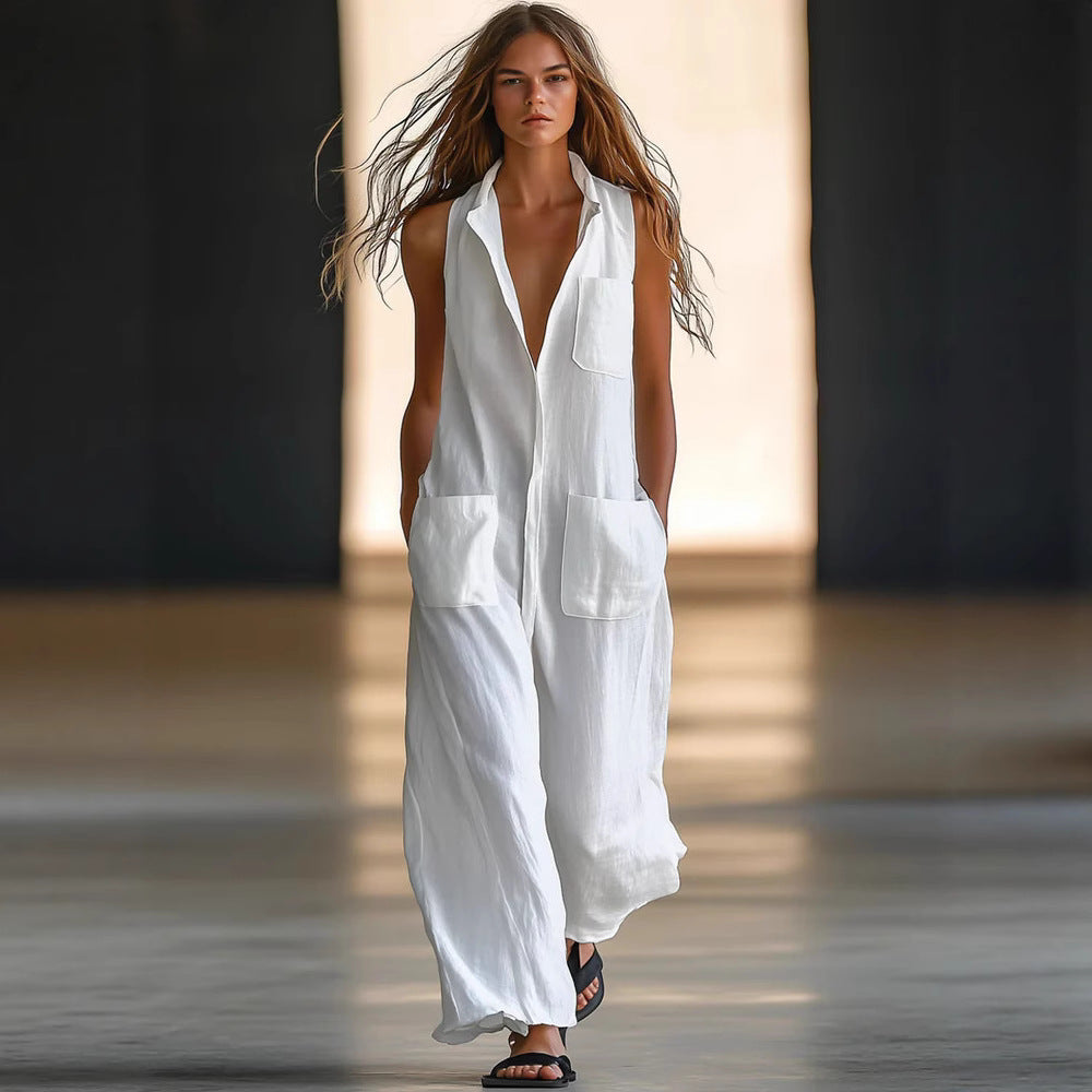 Stacey B's Casual Loose Sleeveless Single-Button Wide-Leg Pants Fashion Cargo Jumpsuit for Women