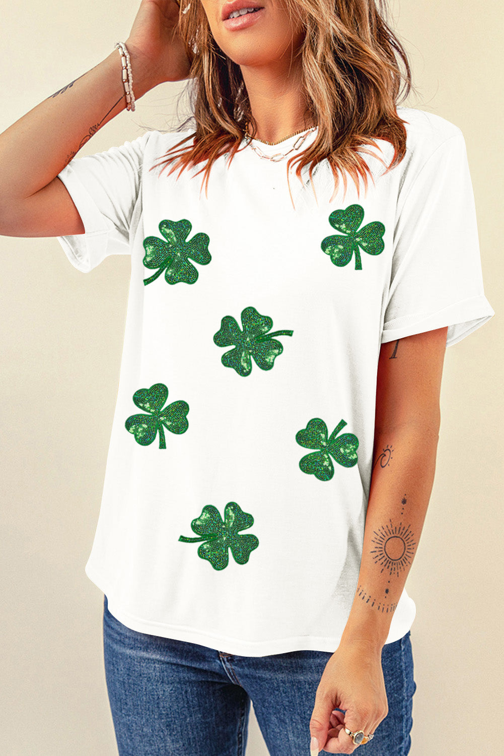 Stacey B's White Sequin Lucky Clover Graphic Crewneck Tee