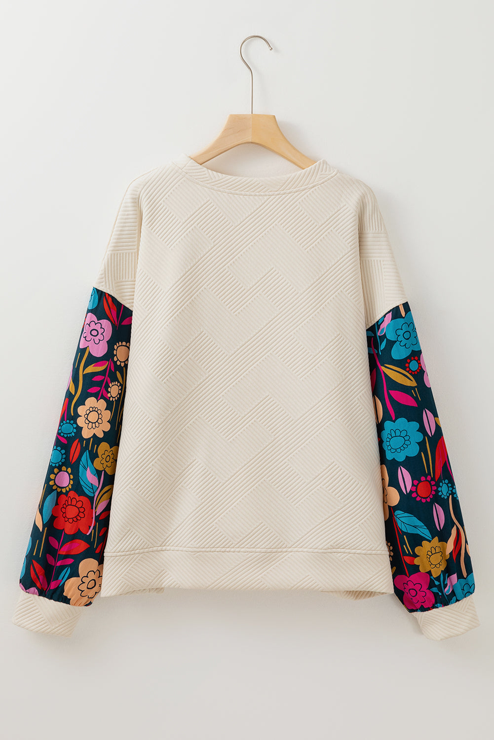 Stacey B's White Floral Patchwork Sleeve Textured Plus Size Pullover Top