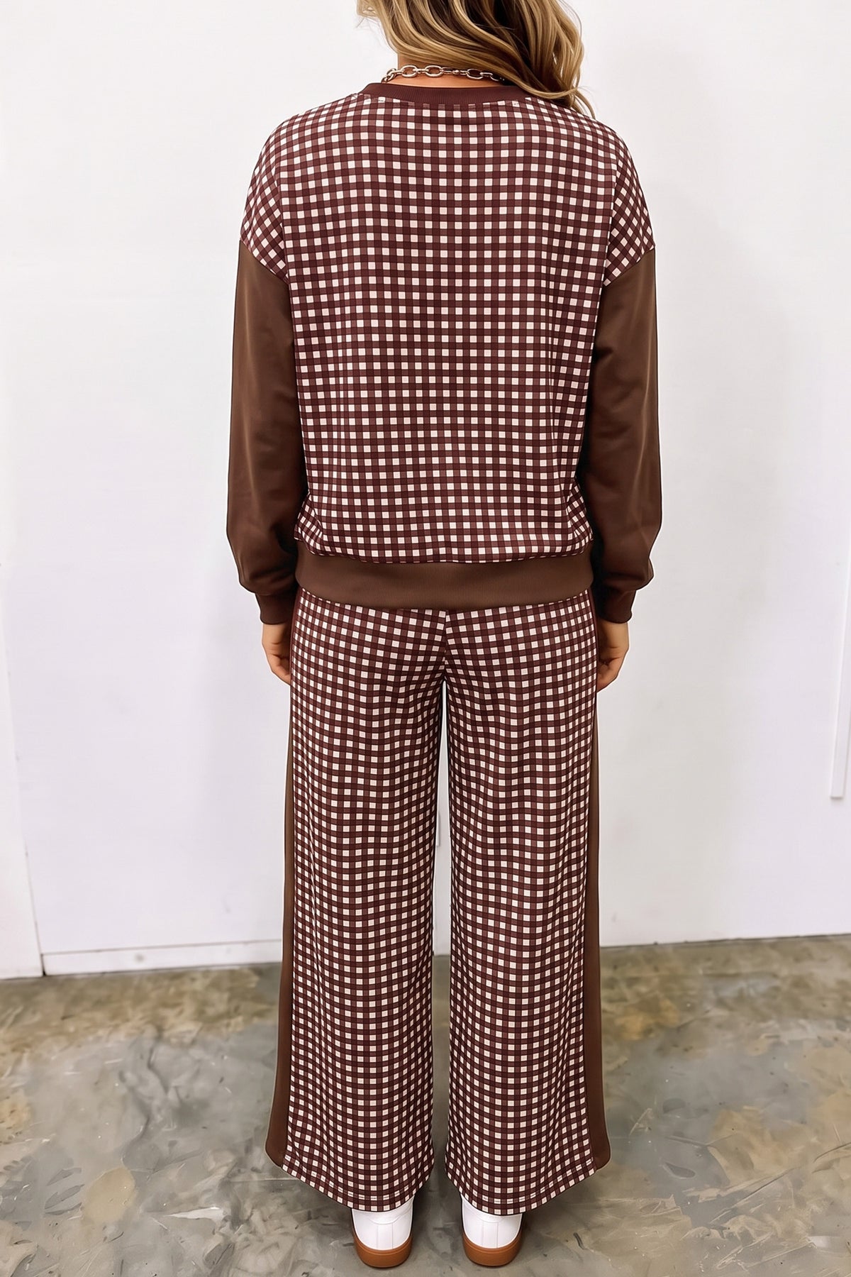 Stacey B's Brown Color Block Plaid Patchwork Long Sleeve Pullover Wide Leg Pant Set