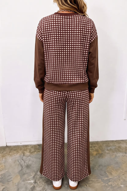 Stacey B's Brown Color Block Plaid Patchwork Long Sleeve Pullover Wide Leg Pant Set