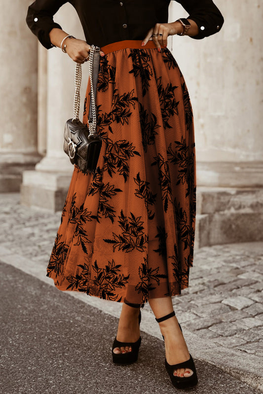 Stacey B's Gold Flame Floral Leaves Embroidered High Waist Maxi Skirt