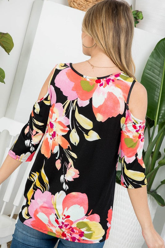 Stacey B's Plus Floral Print Cold Shoulder Top