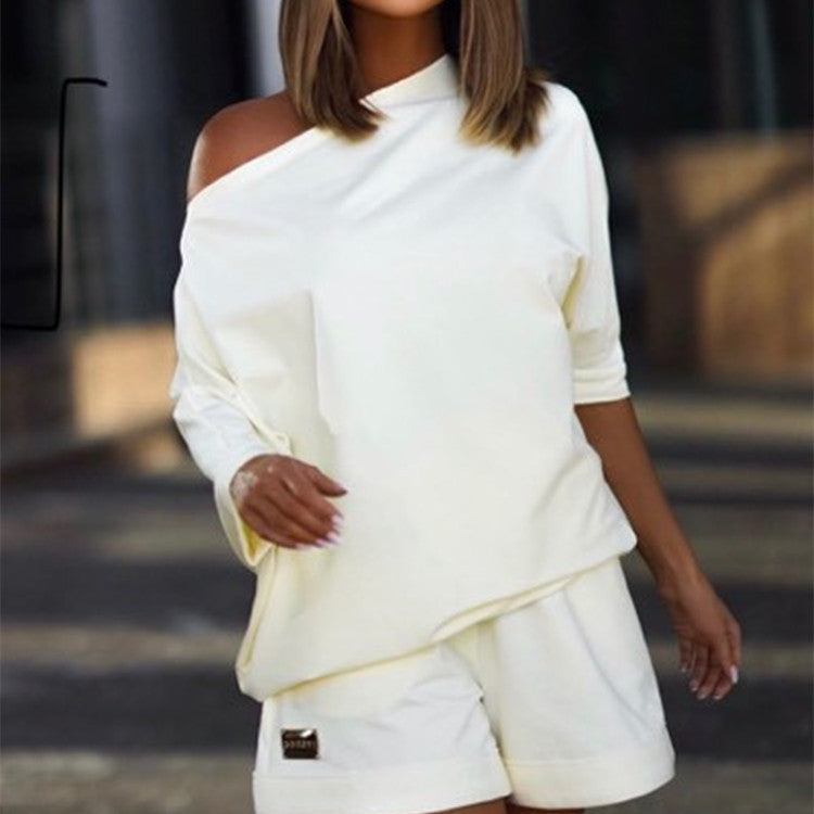 Stacey B's Fashionable Women's Hoodie Pants Set, One-Shoulder Wide Sleeve Loose Two-Piece Outfit