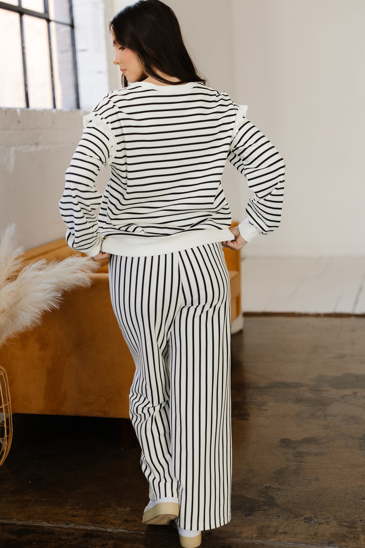 Stacey B's White Stripe Ruffle Trim Drop Shoulder Top Drawstring Loose Pant Set