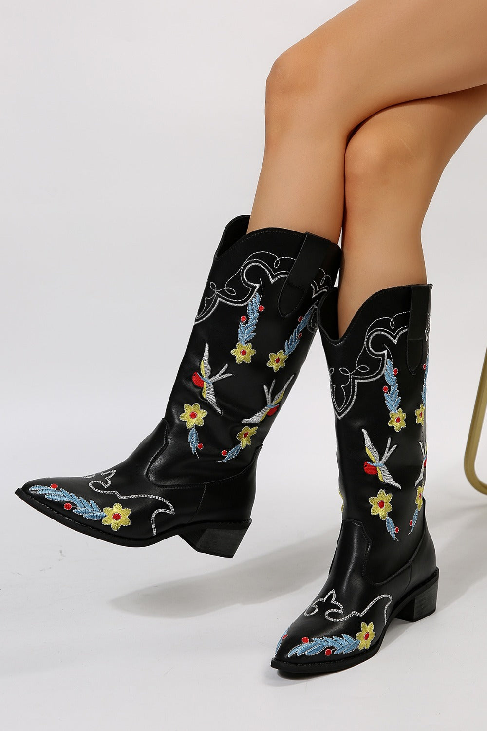 Stacey B's Embroidered Point Toe Block Heel Boots