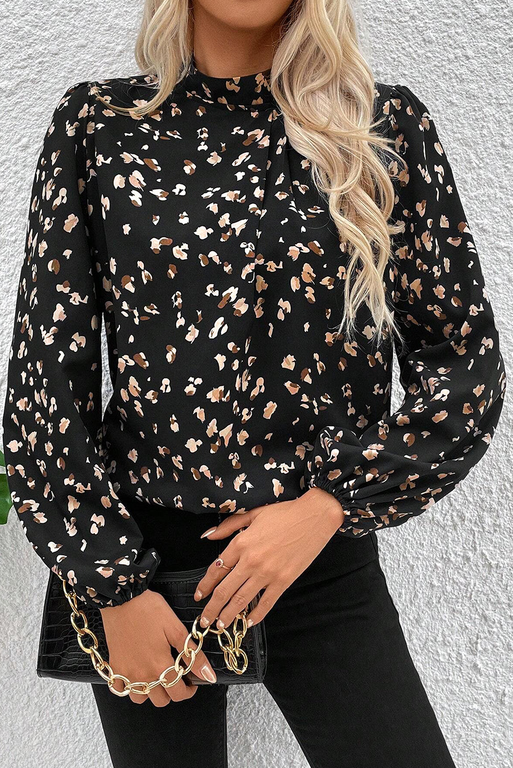 Stacey B's Black Leopard Print Puff Sleeve Mock Neck Pleated Blouse