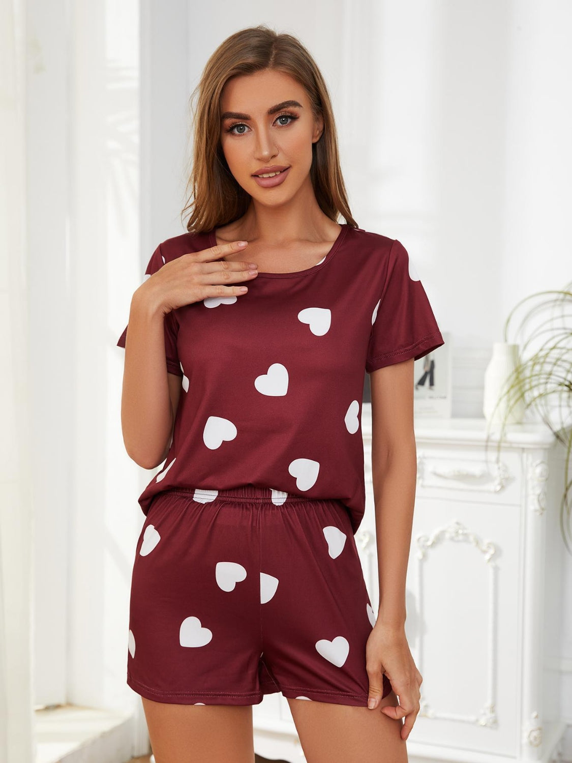 Stacey B's Heart Round Neck Top and Shorts Lounge Set