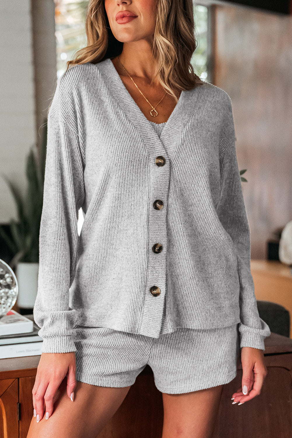 Stacey B's Light Grey 3 Pieces Rib Crop Camisole Matching Shorts Lounge Set with Cardigan