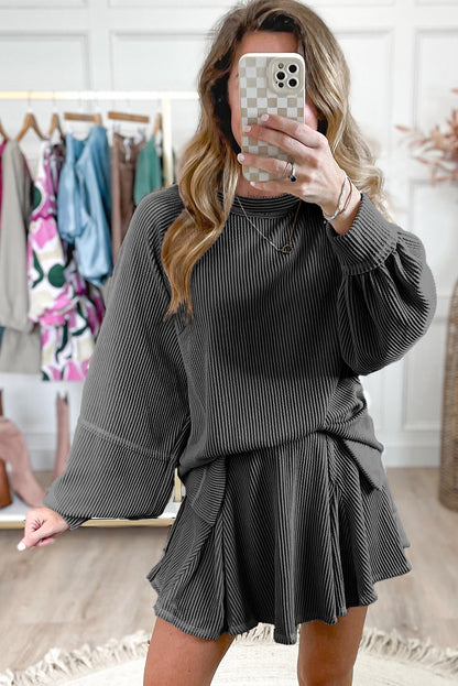 Stacey B's Jet Stream Corded Lantern Sleeve Pullover and Ruffle Mini Skirt Set