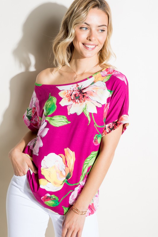 Stacey B's Plus Floral  One Shoulder Boxy Top