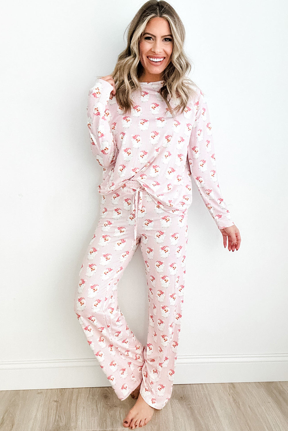 Stacey B's Pink Santa Claus Striped Print Loose Fit Two Piece Loungewear Set