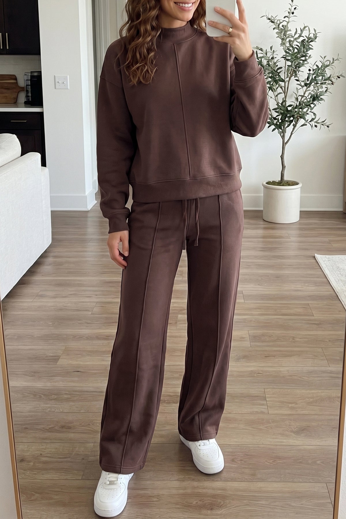 Stacey B's Coffee Solid Color Piping Trim Mock Neck Pullover Drawstring Pants Set