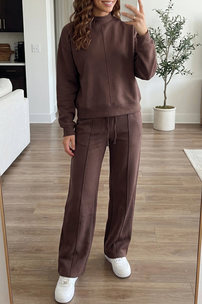 Stacey B's Coffee Solid Color Piping Trim Mock Neck Pullover Drawstring Pants Set