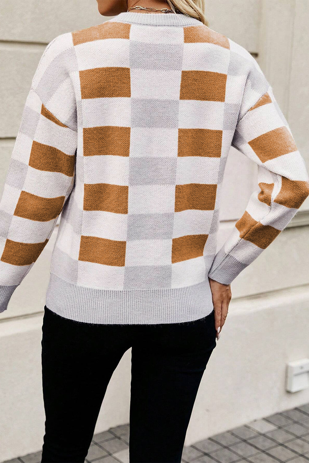 Stacey B's Khaki Checkered Ribbed Edge O Neck Drop Shoulder Sweater