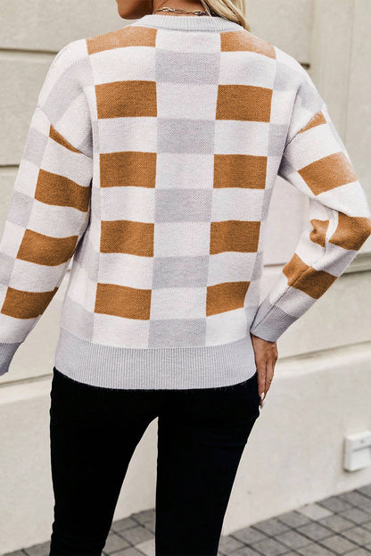 Stacey B's Khaki Checkered Ribbed Edge O Neck Drop Shoulder Sweater