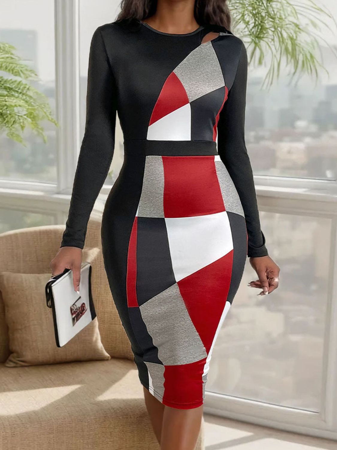 Stacey B's Cutout Color Block Round Neck Long Sleeve Dress