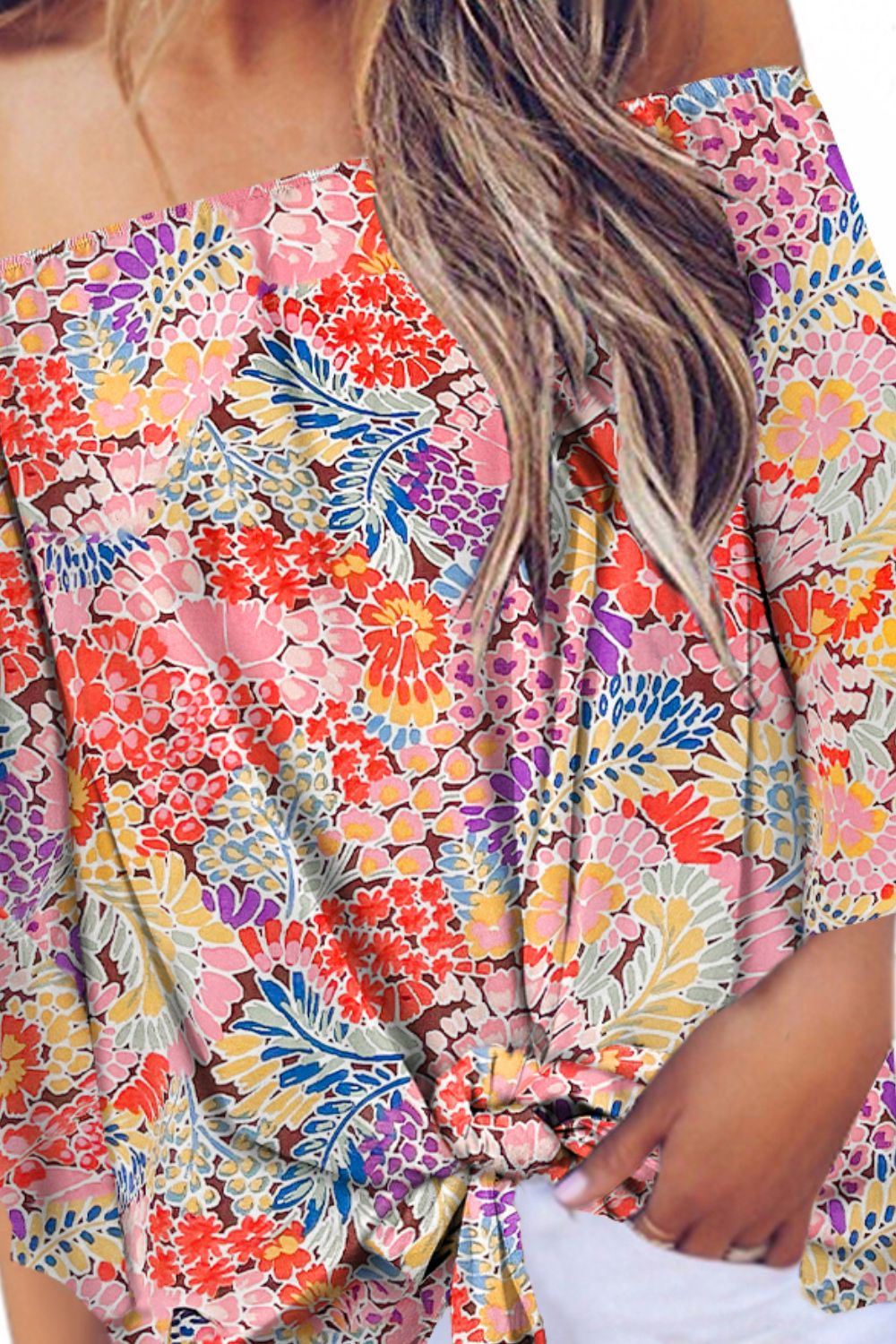 Stacey B's Tied Printed Off-Shoulder Half Sleeve Blouse