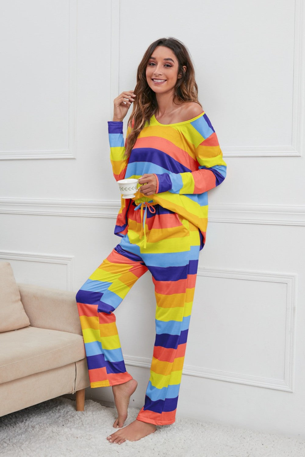 Stacey B's Striped Round Neck Long Sleeve Top and Drawstring Pants Lounge Set