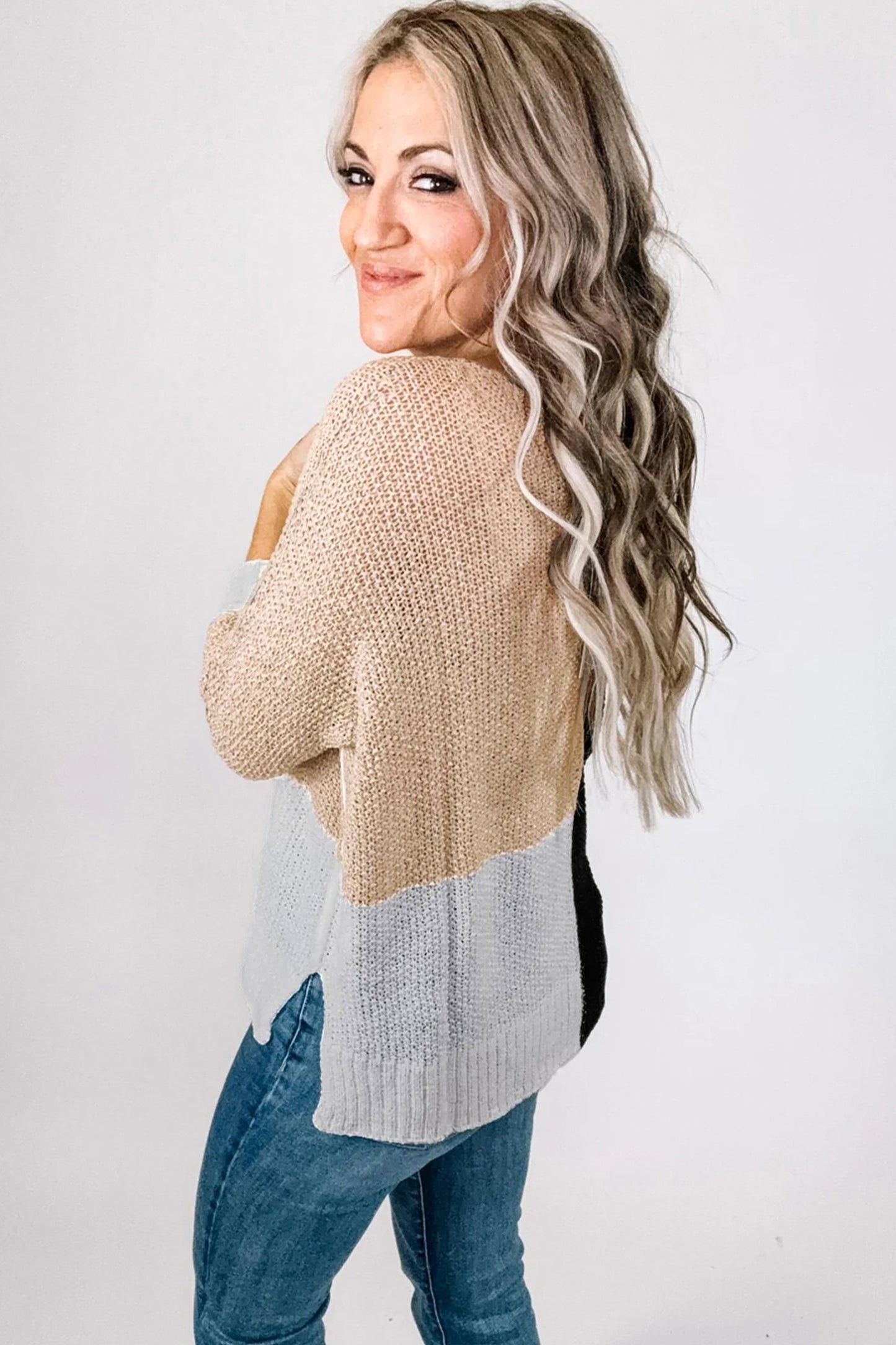 Stacey B's Black Color Block Knit V Neck Loose Sweater