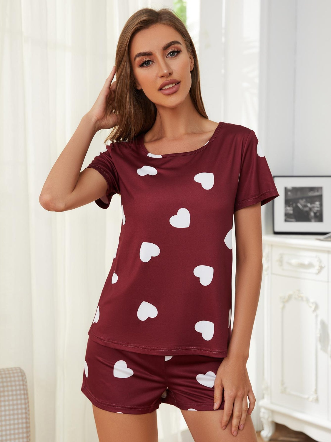 Stacey B's Heart Round Neck Top and Shorts Lounge Set