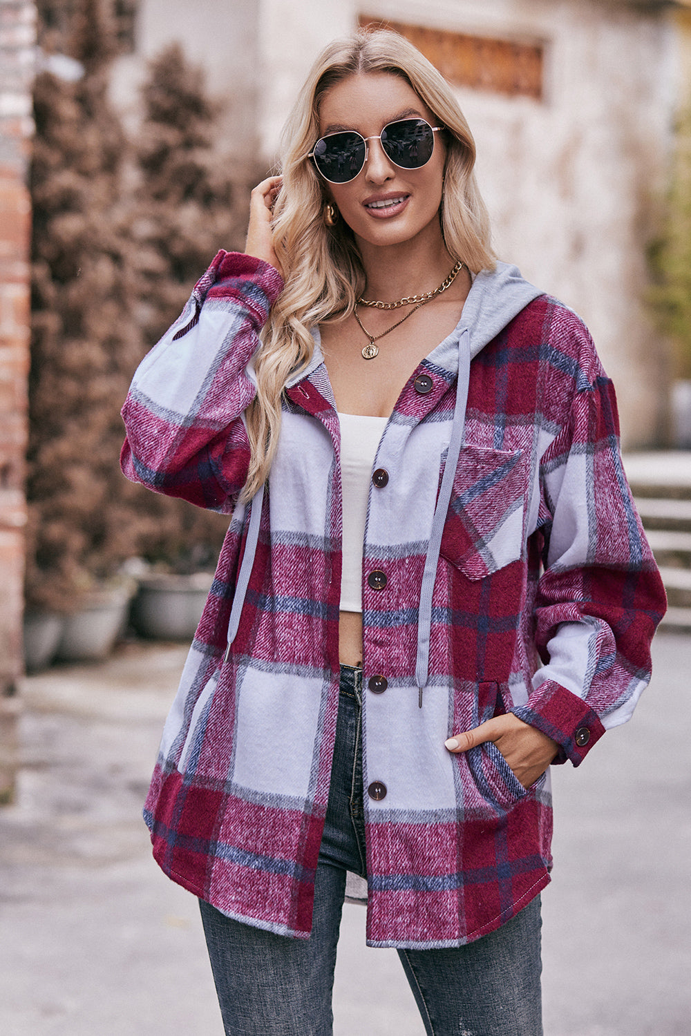 Stacey B's Mandy Plaid Dropped Shoulder Hooded Jacket