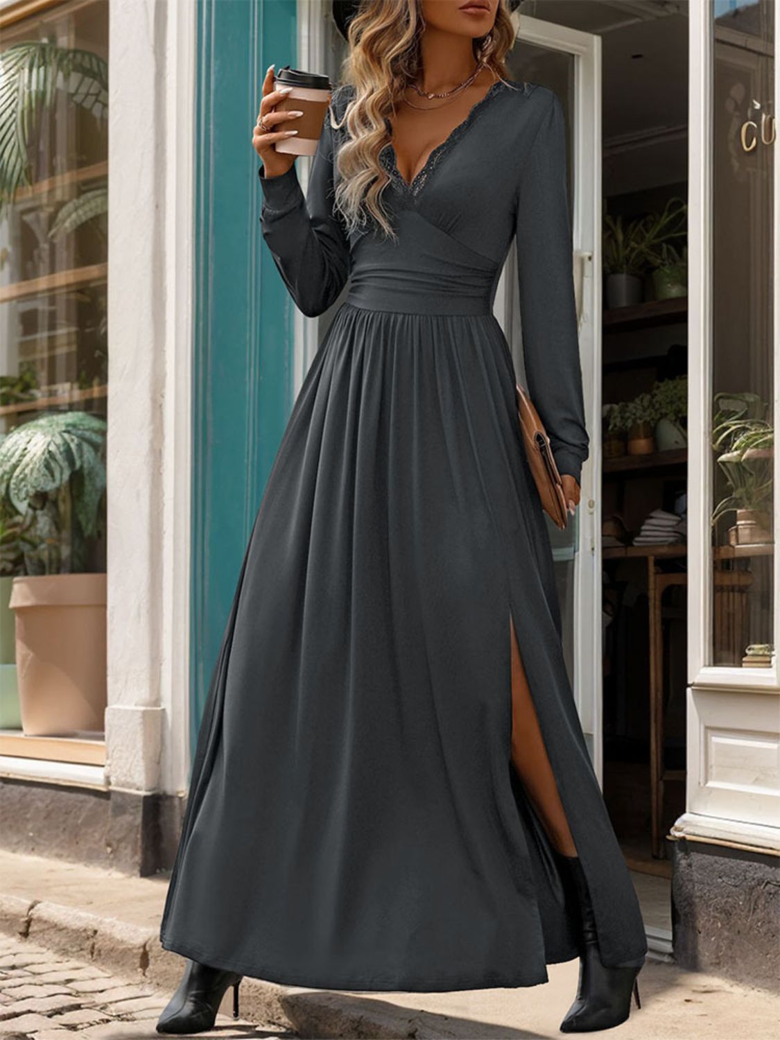 Stacey B's Lace Detail Slit V-Neck Long Sleeve Dress