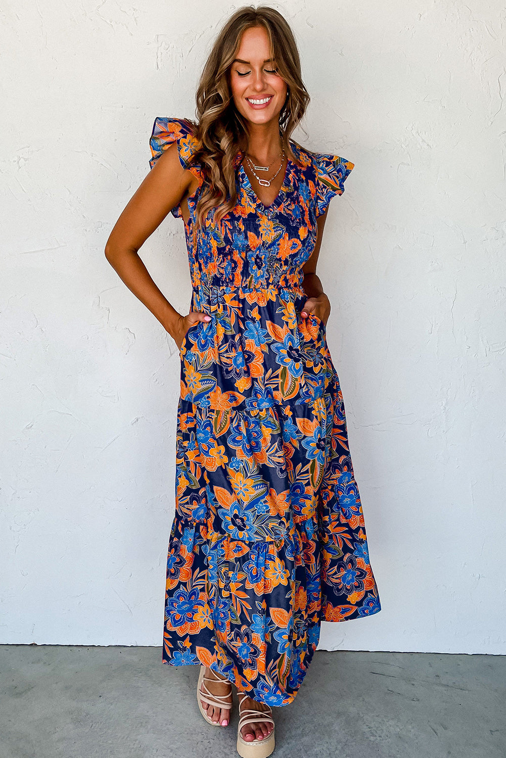 Stacey B's Dark Blue Boho Floral V Neck Ruffle Tiered Long Dress