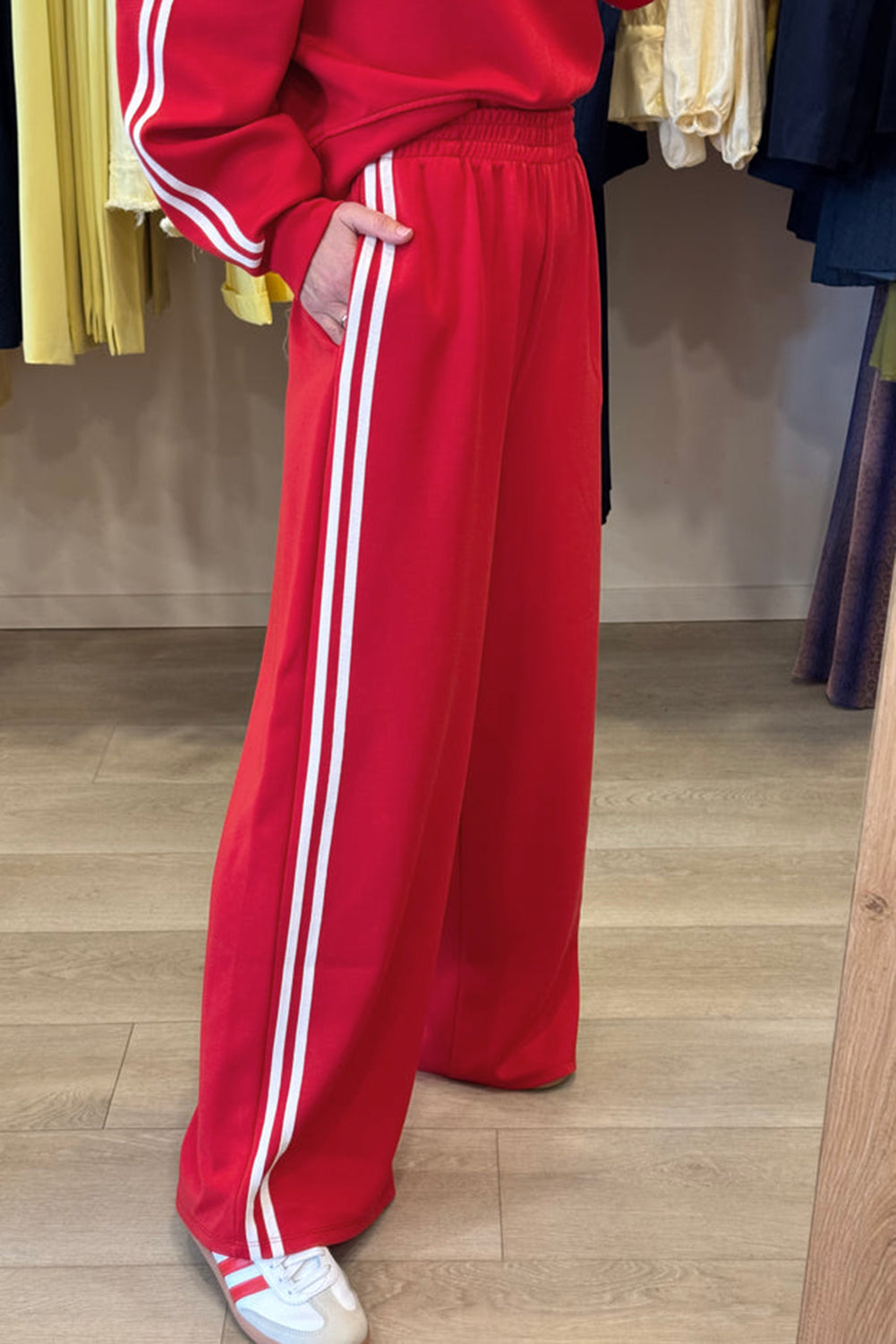 Stacey B's Fiery Red Varsity Striped Detail Cropped Pullover Wide Leg Pants 2pcs Outfit