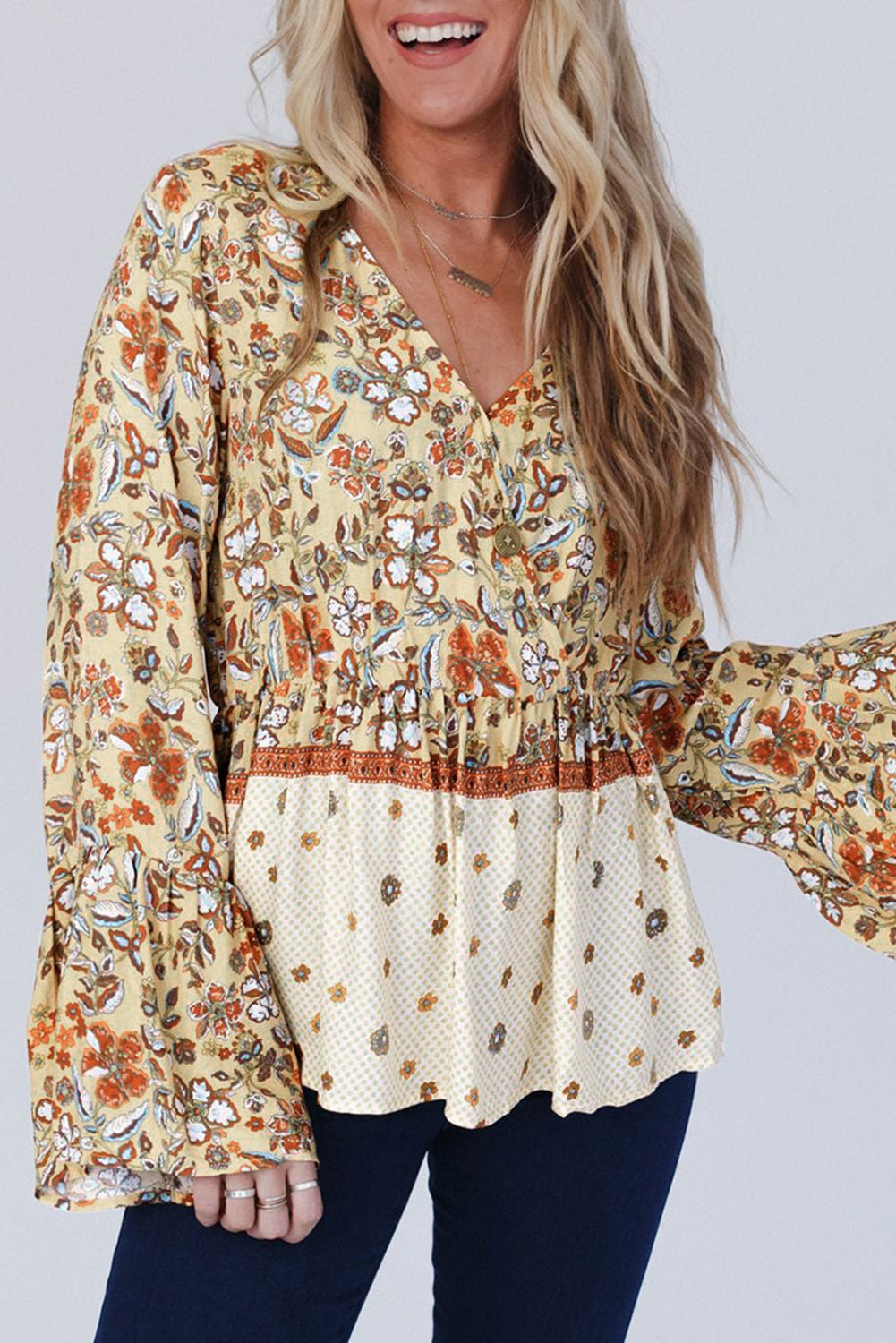 Stacey B's Yellow Printed Floral Bell Sleeve V Neck Wrapped Contrast Peplum Blouse