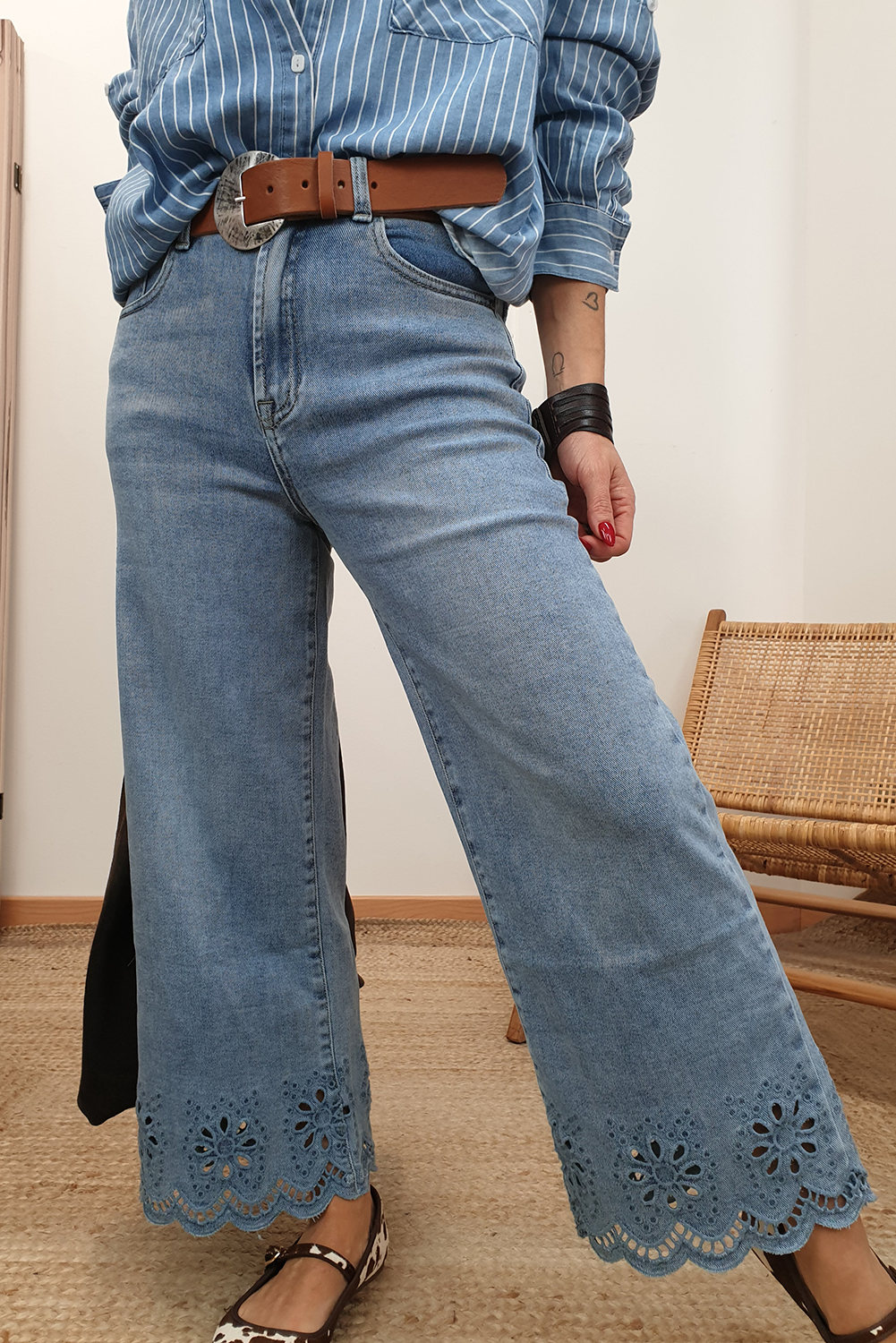 Stacey B's Dusk Blue Embroidered Cropped Wide Leg High Waist Jeans