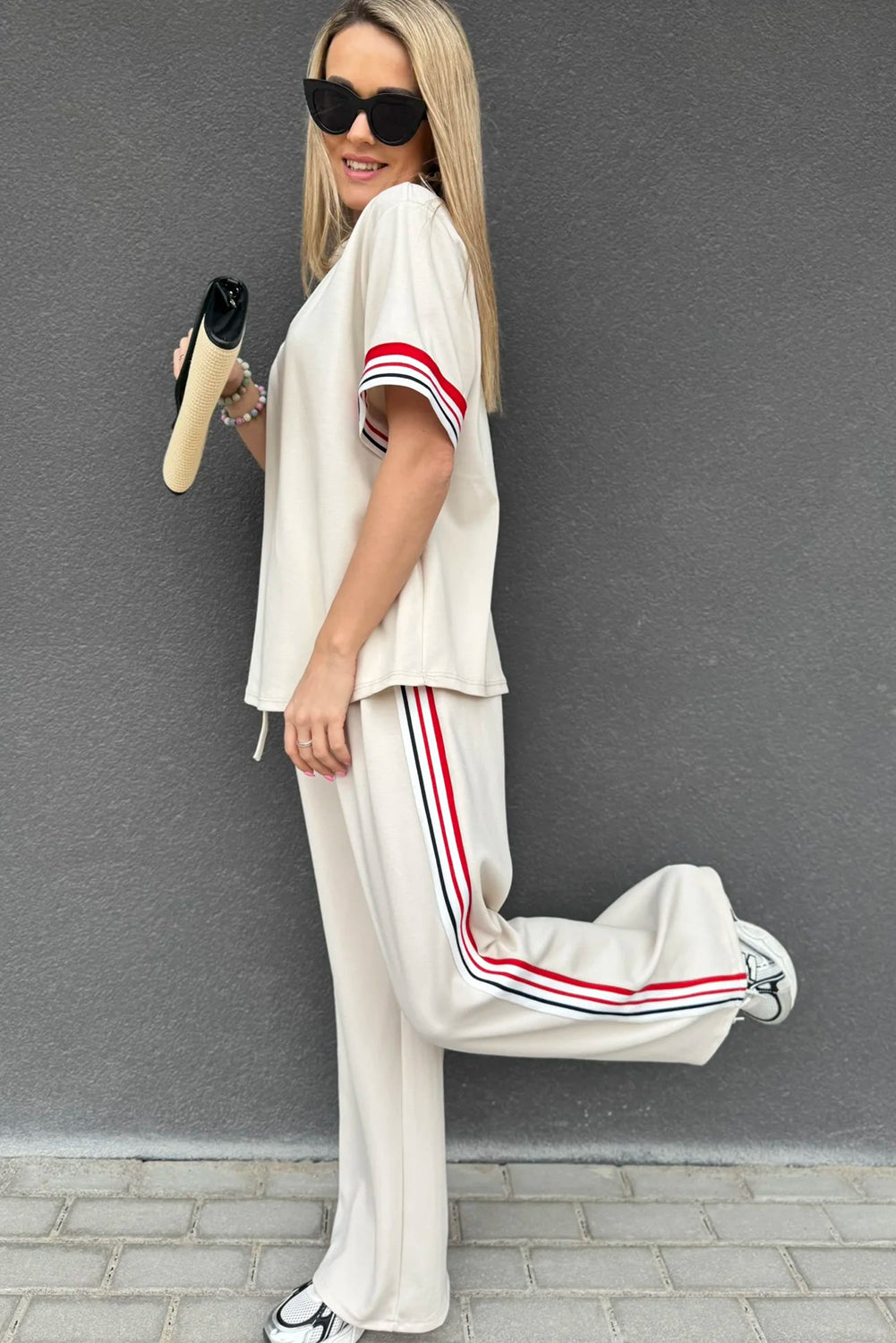 Stacey B's Jet Stream Contrast Striped Trim Crewneck T Shirt Loose Straight Pants Set