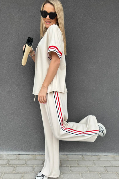 Stacey B's Jet Stream Contrast Striped Trim Crewneck T Shirt Loose Straight Pants Set