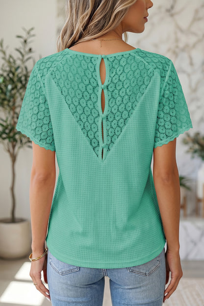 Stacey B's Pink Lace Splicing Button Cutout V Neck Waffle Knit Blouse