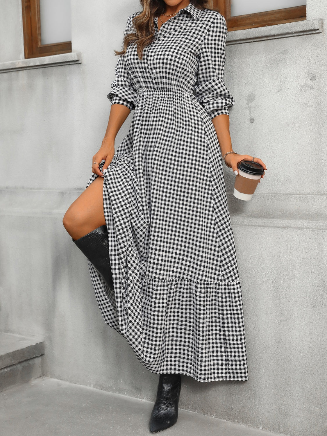 Stacey B's Ruffle Hem Plaid Long Sleeve Dress