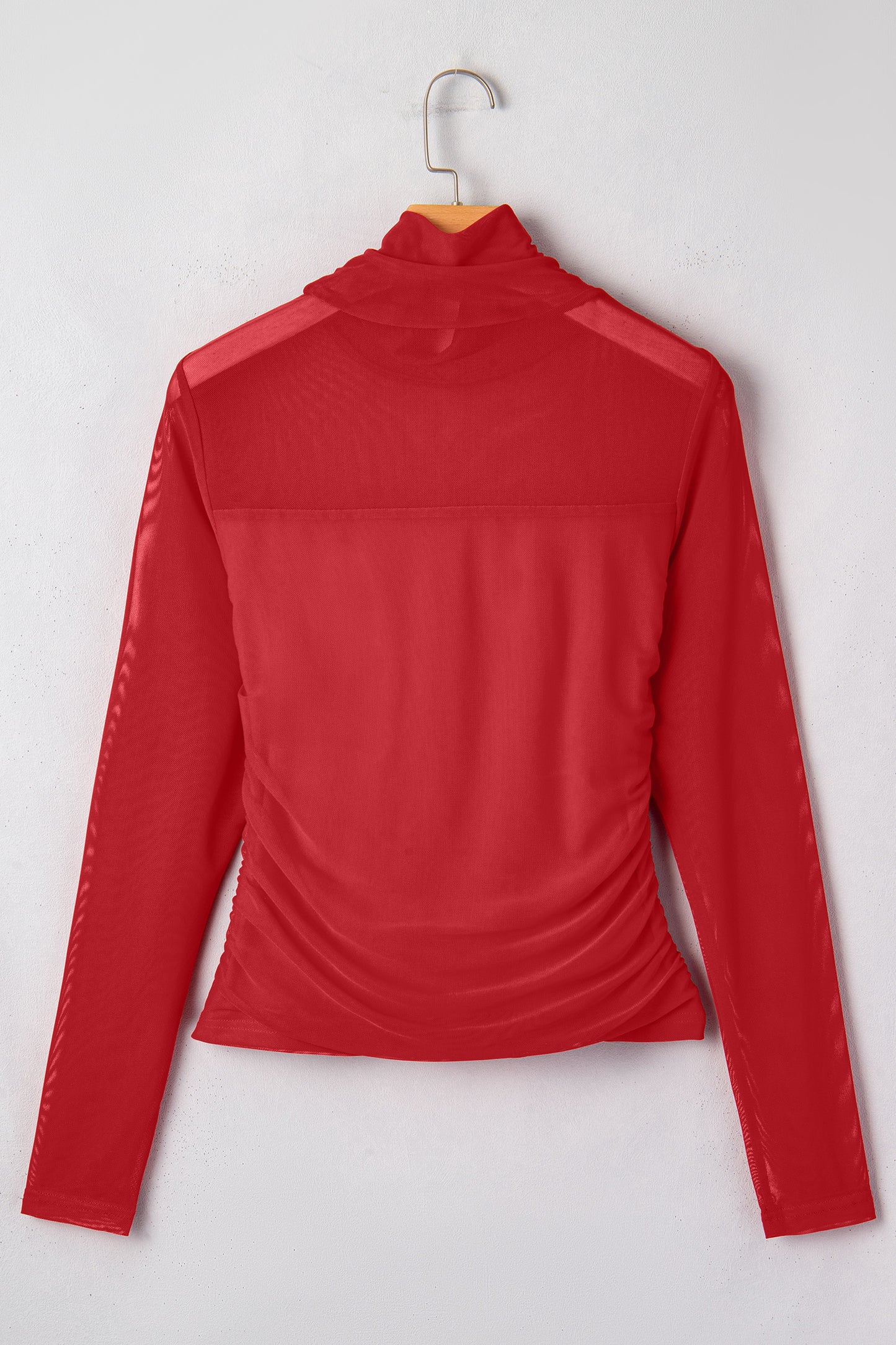 Stacey B's Fiery Red Sheer Mesh Patchwork High Neck Long Sleeve Top