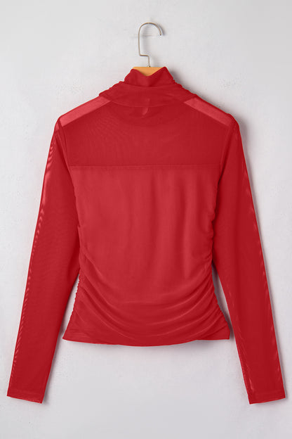 Stacey B's Fiery Red Sheer Mesh Patchwork High Neck Long Sleeve Top