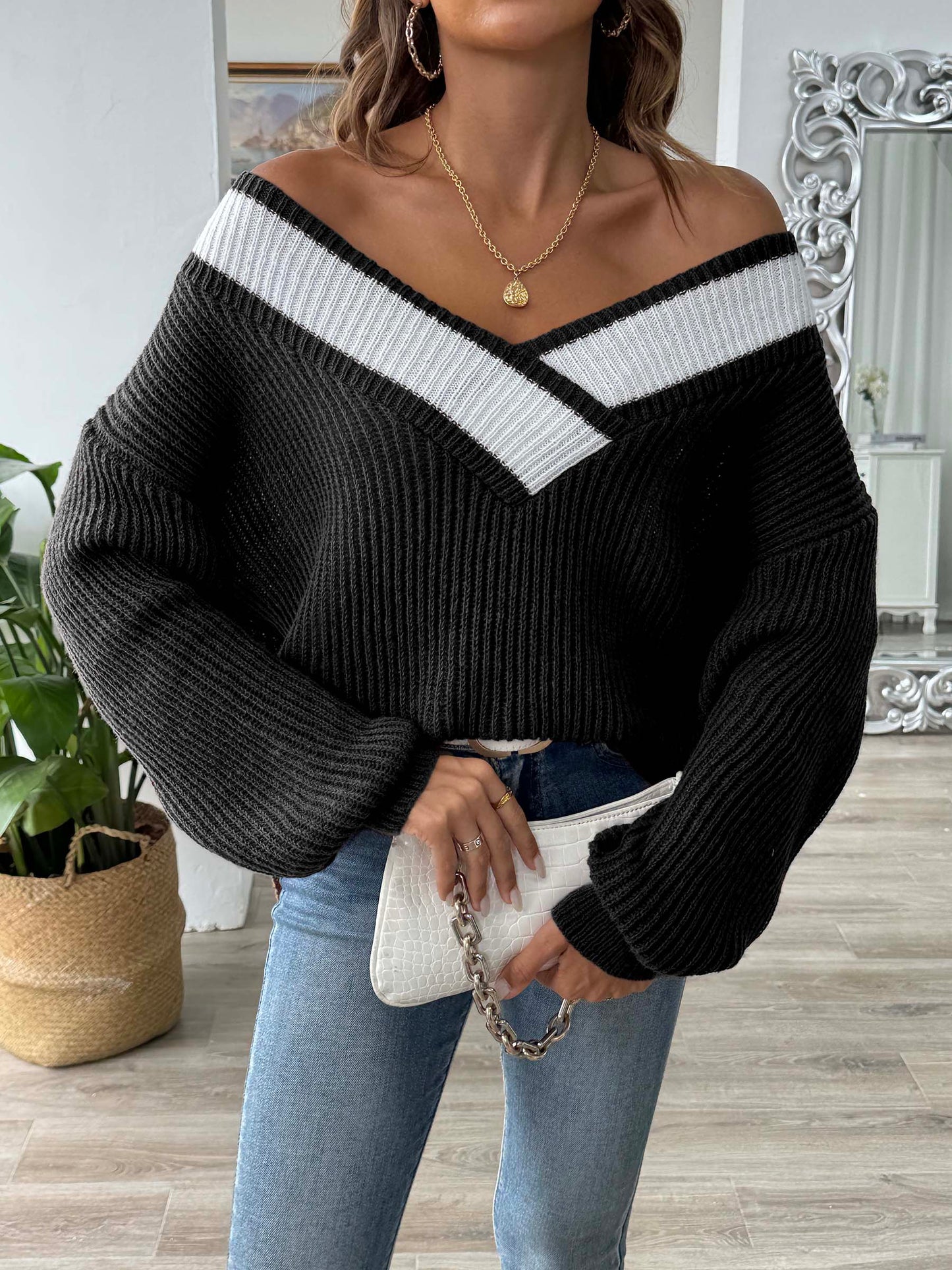Stacey B's Contrast Dropped Shoulder Long Sleeve Sweater