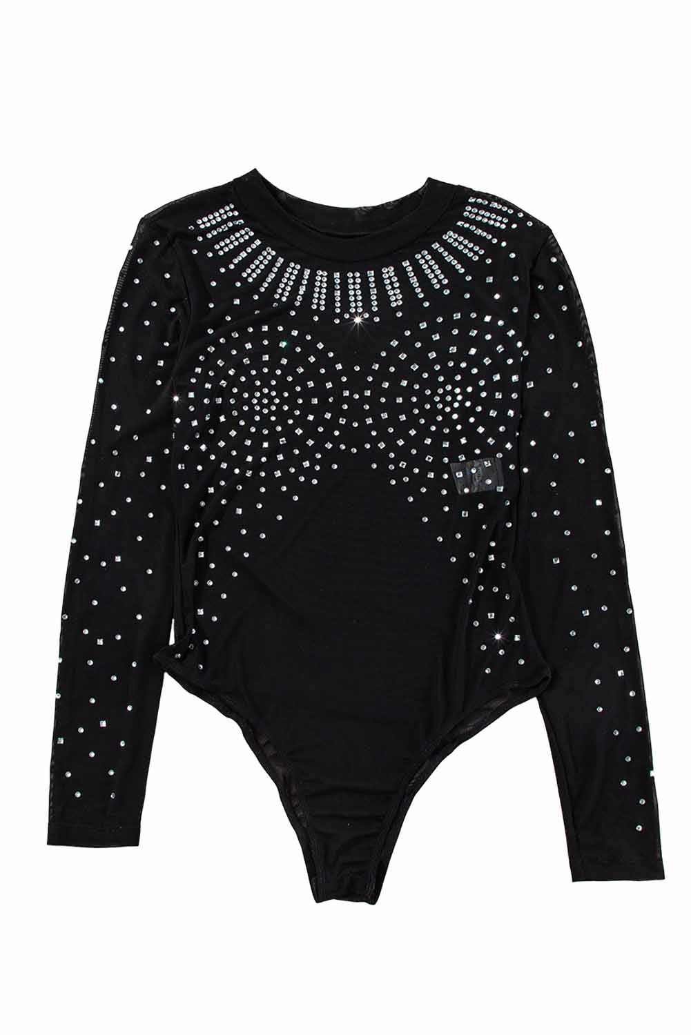 Stacey B's Black Rhinestone Sheer Mesh Slim Fit Bodysuit