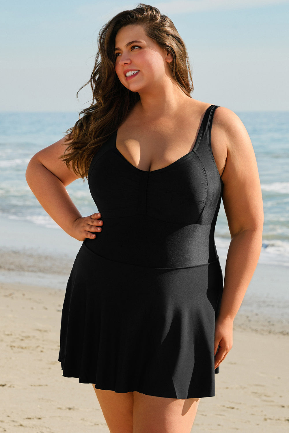 Stacey B's Black Plus Size Solid Pleated Ruffled One Piece Swim Dress