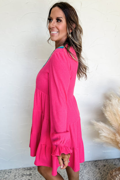 Stacey B's Rose Red Colorful Crochet V Neck Textured Tiered Ruffled Long Sleeve Mini Dress