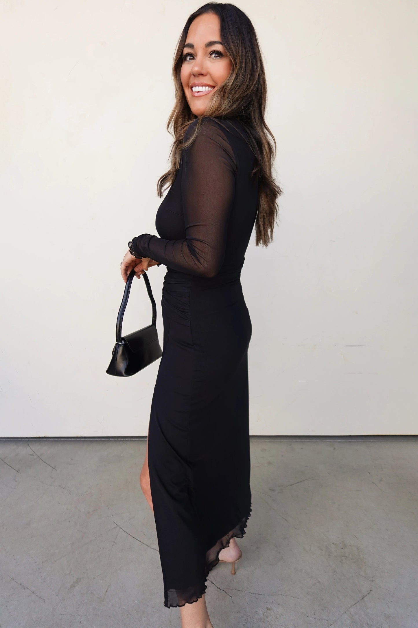 Stacey B's Black Sheer Mesh Long Sleeve Twisted Knot Side Slit Midi Dress