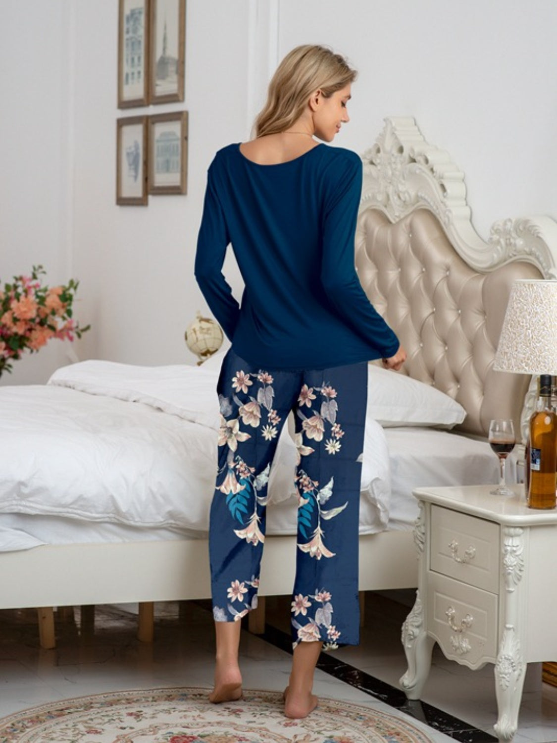 Stacey B's Round Neck Top and Printed Pants Lounge Set