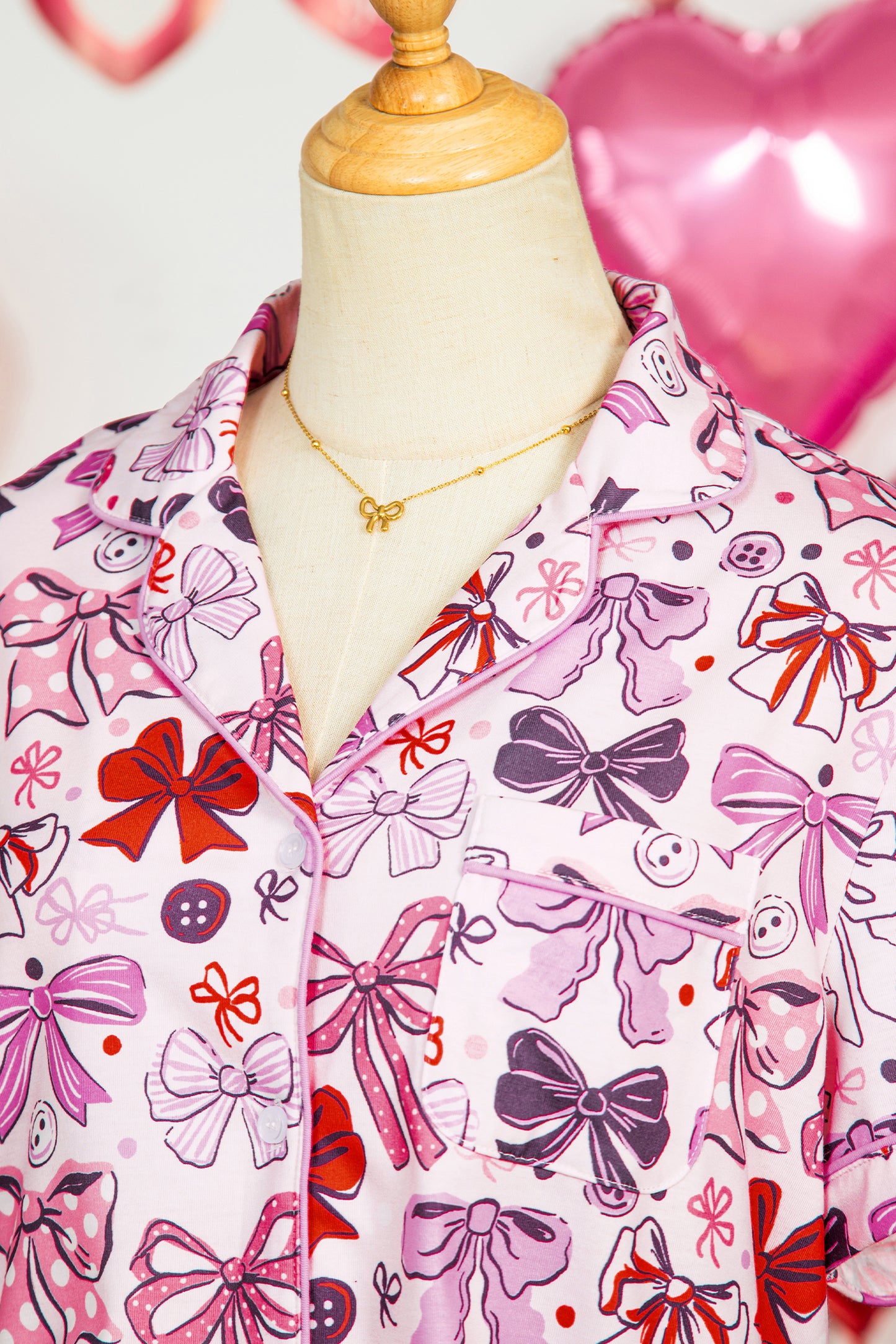 Stacey B's Pink Cute Ribbon Bows Printed Shirt Style 2pcs Short Pajama Set