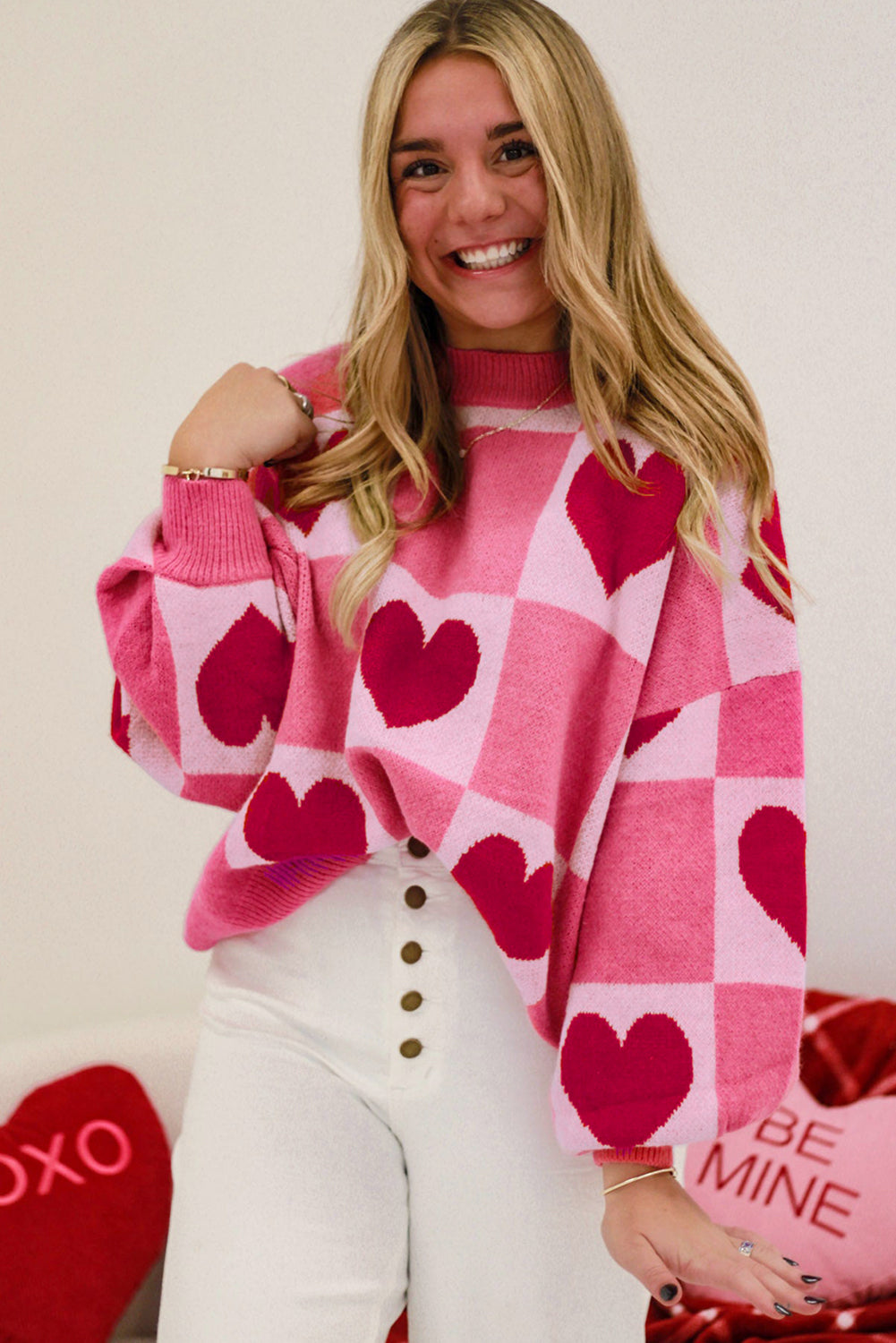Stacey B's Pink Love Heart Checkered Valentine Crew Neck Sweater