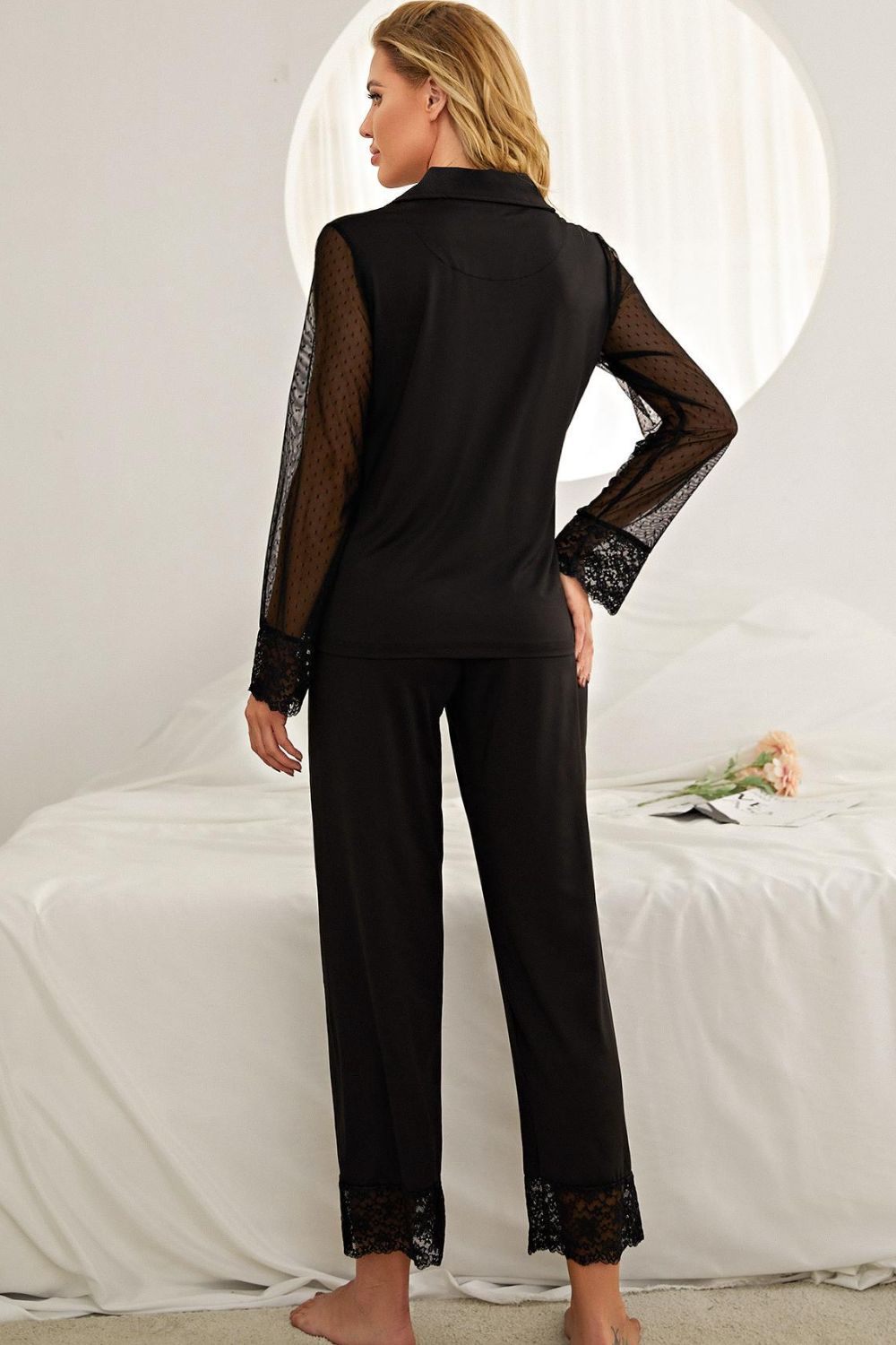 Stacey B's Spliced Lace Lapel Collar Pajama Set