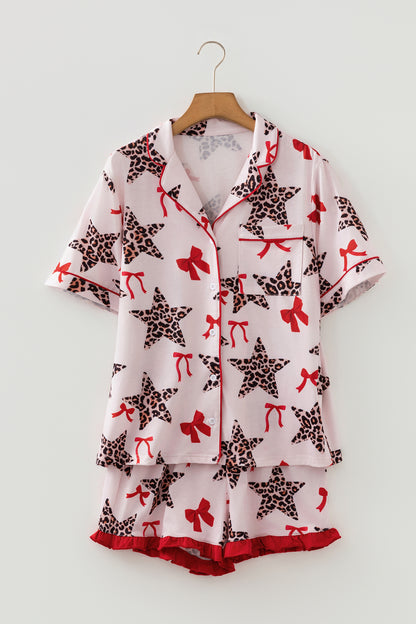 Stacey B's White Leopard Star Ribbon Bow Print Contrast Trim Short Pajama Set