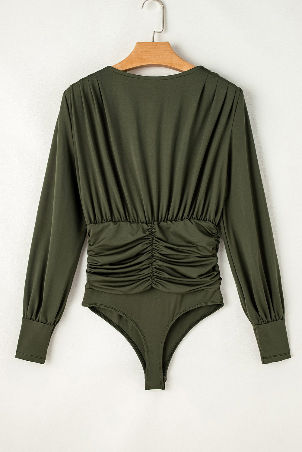 Stacey B's Moss Green Wrap V Neck Ruched Long Sleeve Bodysuit